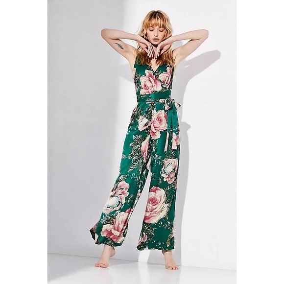 Free People Green Floral Print Wide Leg Jumpsuit Spaghetti Strap Backless Size 0 - Picture 4 of 7